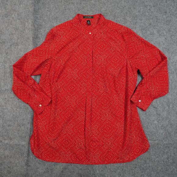 Ralph Lauren Top Womens 1X Tunic Red Long Sleeve Half Button Blouse Speckled - Picture 1 of 8